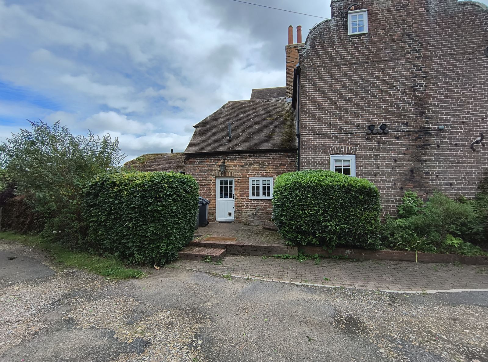 The same box hedges shaped into two matching domes either side of the door