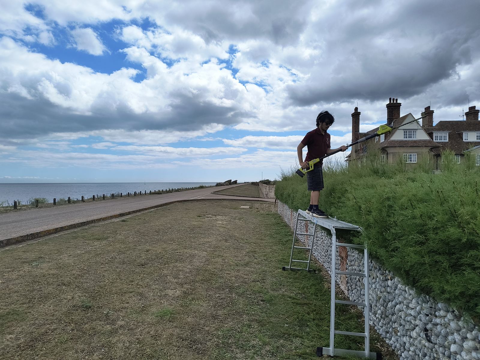 A hedge cutter on a step ladder trimming a seafront conifer hedge in Worth, the sea and a wide cloudy sky behind